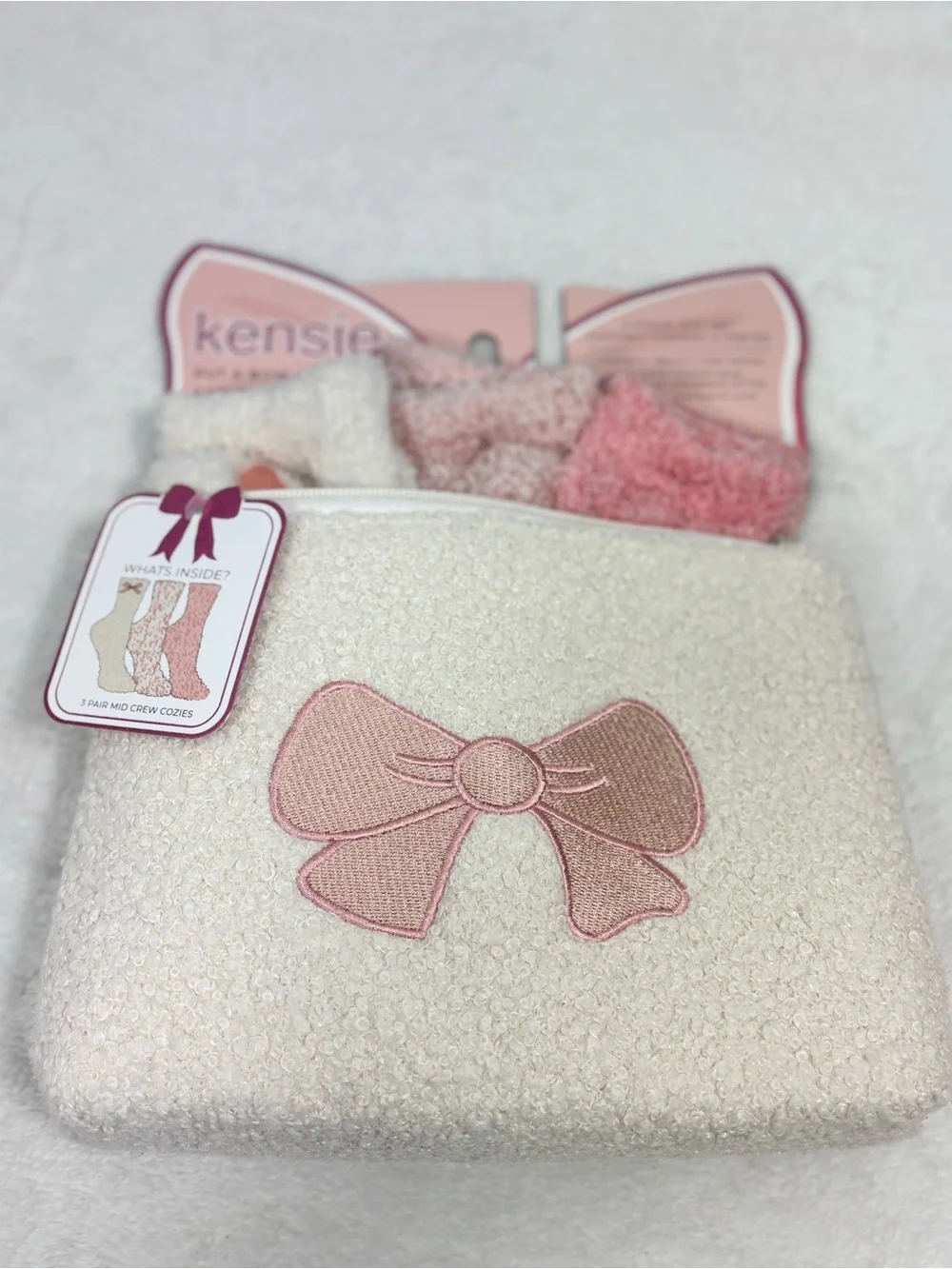 kensie Cream Cosmetic Pouch with Pink Bow & Blush 3 Pair Sock Set
